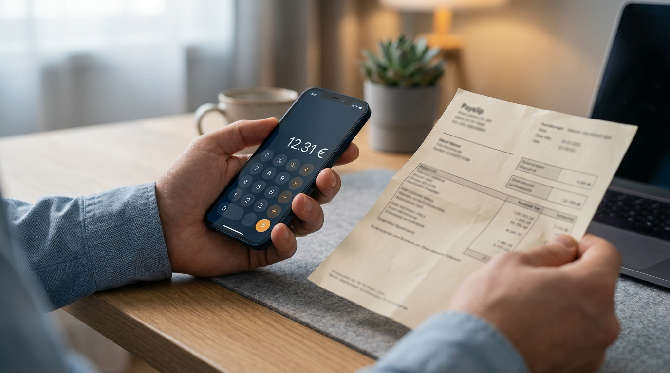 Personne tenant un smartphone avec une calculatrice affichant 12,31 € et une fiche de paie sur un bureau.