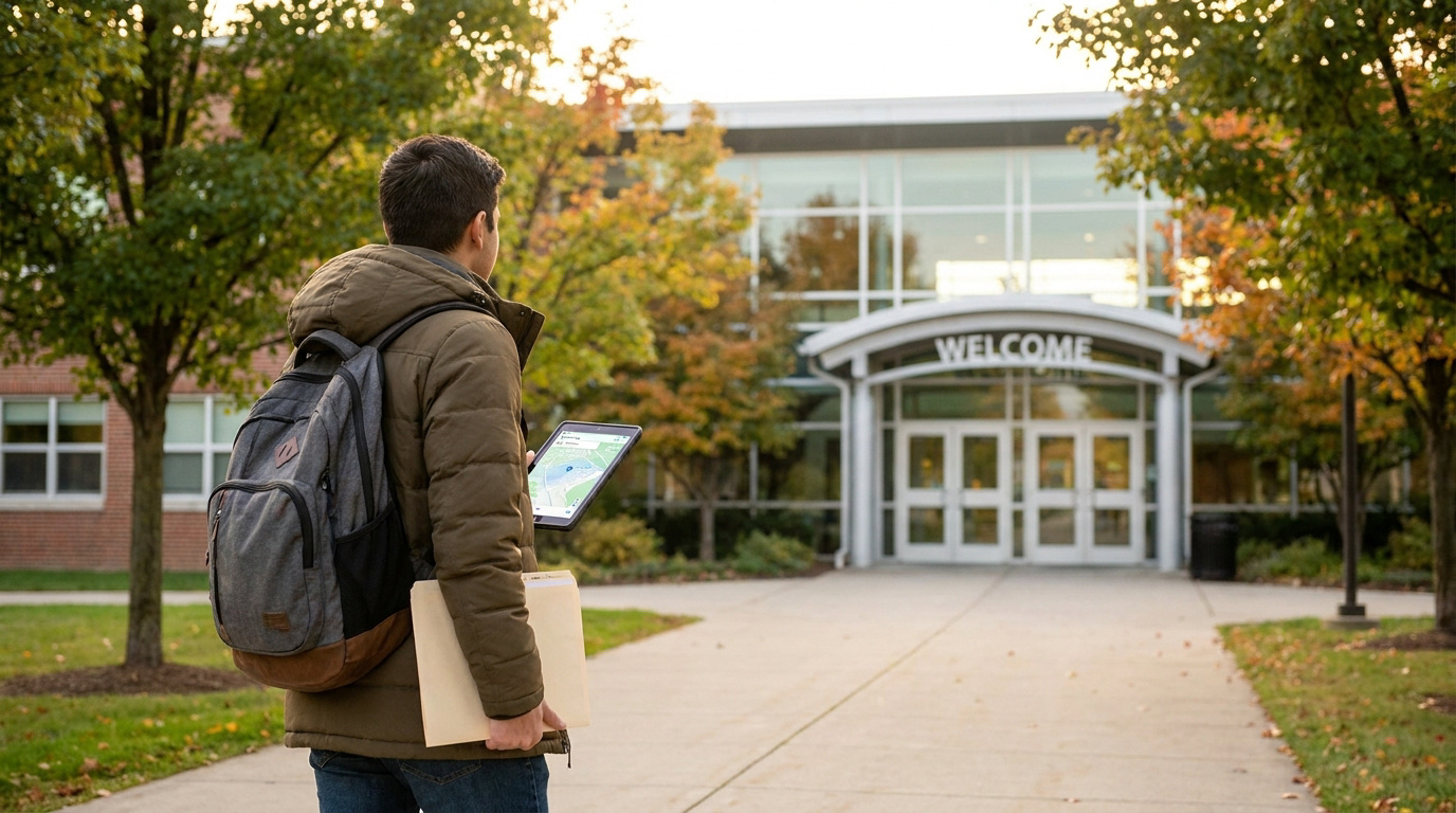 Étudiant avec un sac à dos et une tablette face à l'entrée d'une école portant l'inscription "Welcome".