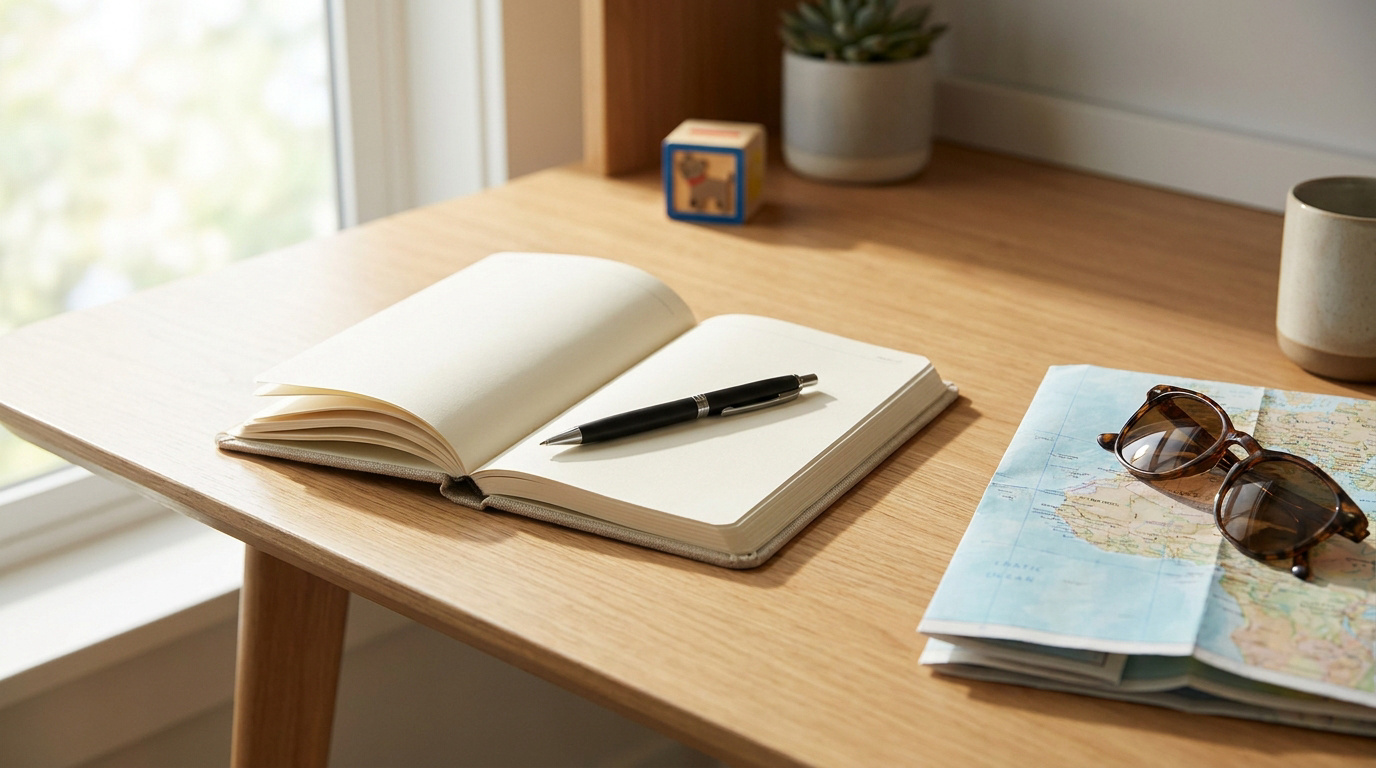 Un carnet ouvert et une carte géographique sur un bureau en bois près d'une fenêtre.
